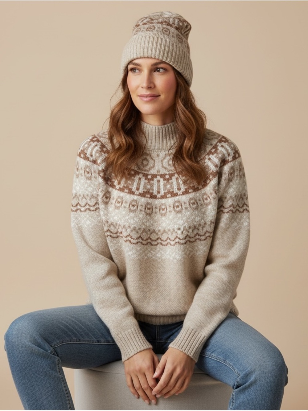 Cupcakes and Cashmere Fair Isle Mock Neck Sweater, and knit cap, Women’s L,